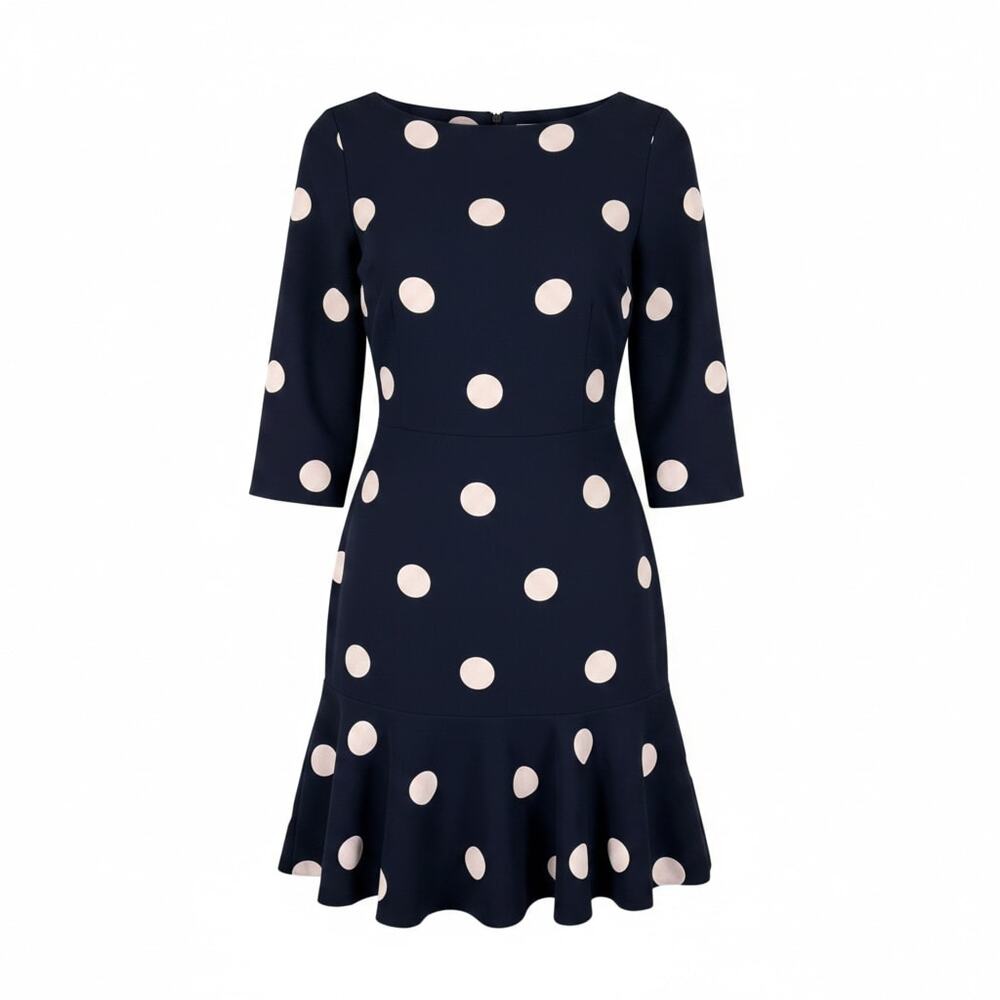 Kate Spade navy polka dot dress with 3/4 sleeves and flounce hem Size 6